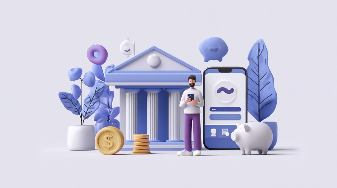 Ilustracija čoveka koji koristi mobilnu aplikaciju za finansije ispred simbola banke, telefona i kasice-prasice, prikazujući koncept digitalnog upravljanja novcem