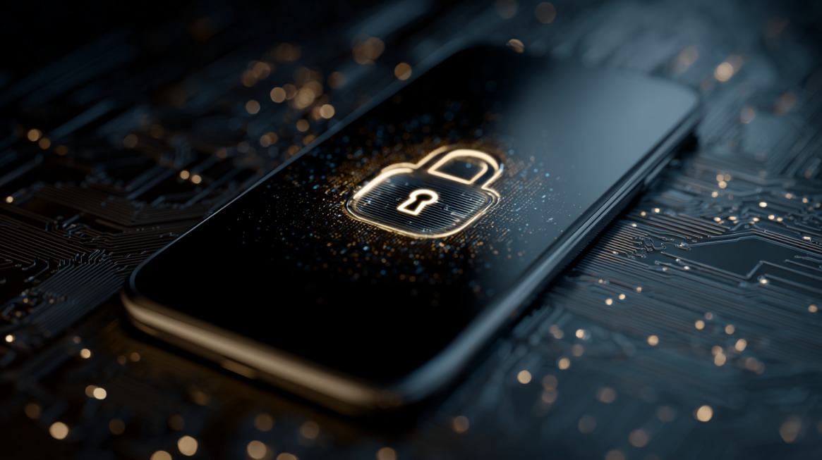 Pametni telefon sa svetlećom ikonom katanca na ekranu, simbolizujući bezbednost i zaštitu podataka u mobilnim finansijskim aplikacijama