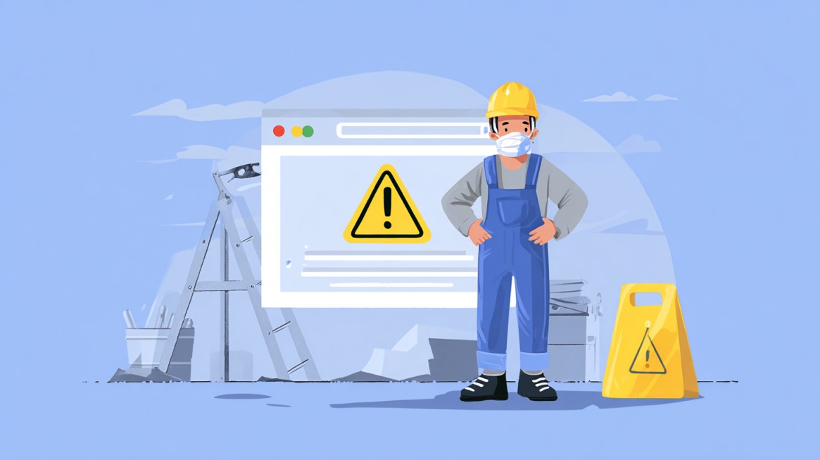 Ilustracija radnika sa zaštitnom kacigom ispred ekrana sa znakom upozorenja, koji simbolizuje bezbednost i oprez prilikom korišćenja Chrome ekstenzija