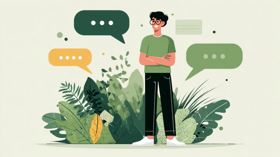Ilustracija osobe koja stoji ispred zelenog lišća i oblačića sa porukama, simbolizujući povezanost i integraciju ChatGPT-a sa različitim poslovnim alatima