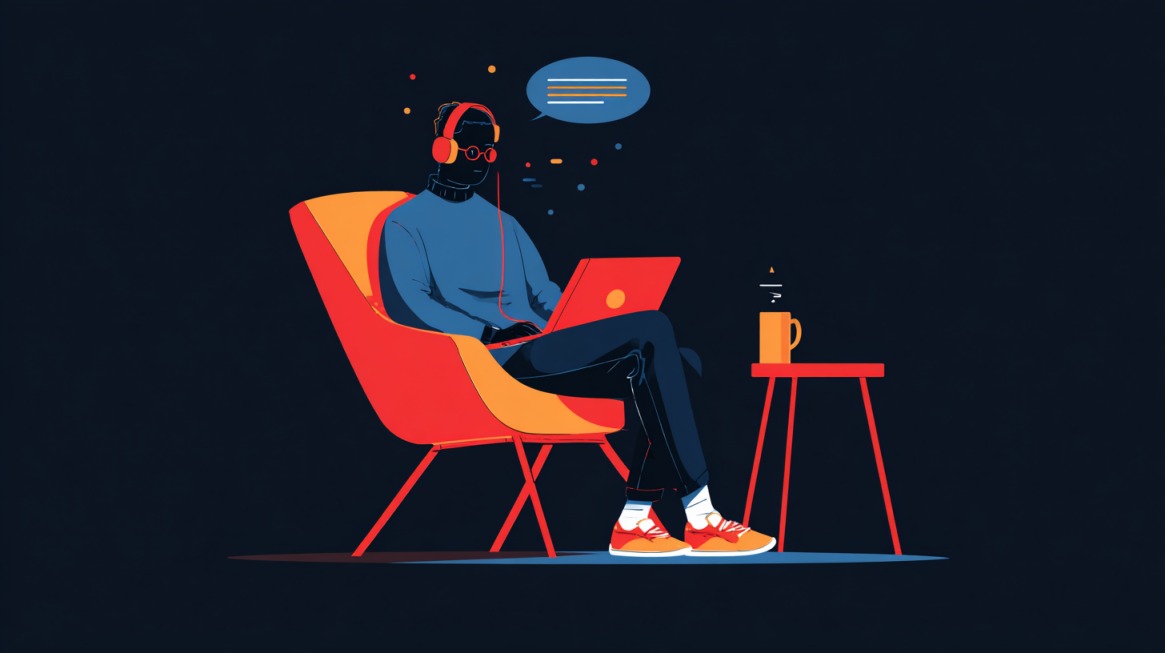 Ilustracija osobe koja sedi u stolici sa laptopom i slušalicama, uz šoljicu kafe, dok koristi ChatGPT u radu