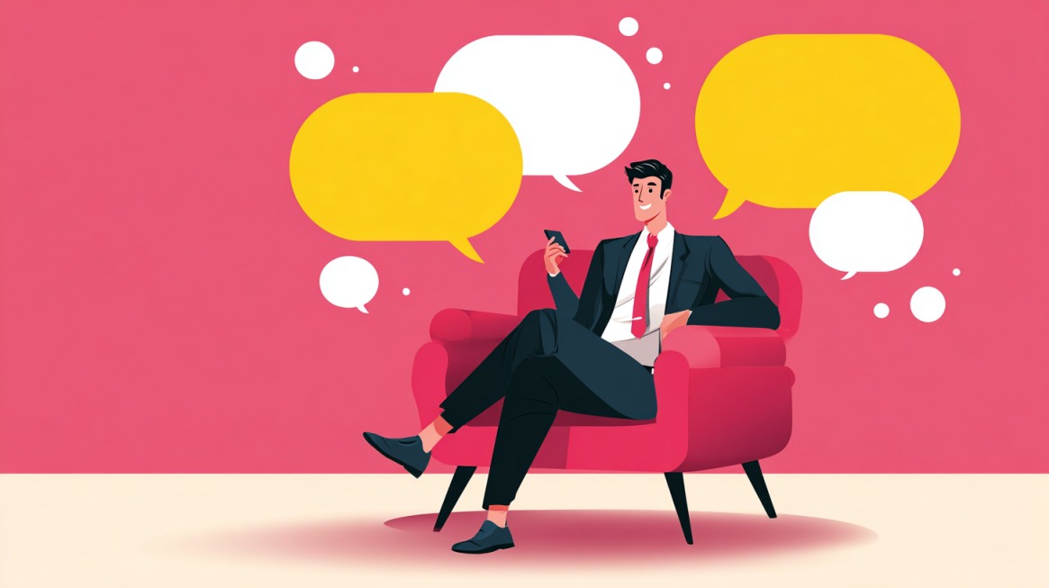 Ilustracija poslovnog čoveka u odelu koji sedi u stolici i koristi telefon, okružen oblačićima za poruke na roze pozadini, simbolizujući komunikaciju i etičke dileme u korišćenju AI-a