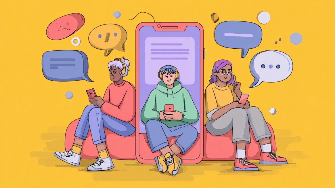 Ilustracija tri osobe koje koriste telefone dok sede ispred velikog ekrana pametnog telefona, okružene oblačićima sa tekstom, simbolizujući digitalnu komunikaciju i efikasnost