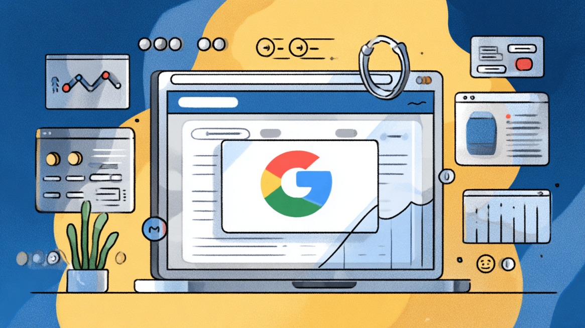Ilustracija laptopa sa Google logotipom na ekranu i različitim prozorima oko njega, koji simbolizuju funkcije i integracije Chrome ekstenzija