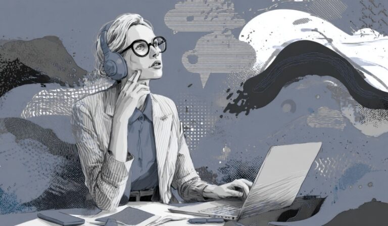 Ilustracija žene sa slušalicama koja sedi za laptopom, okružena digitalnim oblačićima i apstraktnim elementima, simbolizujući upotrebu veštačke inteligencije u radu