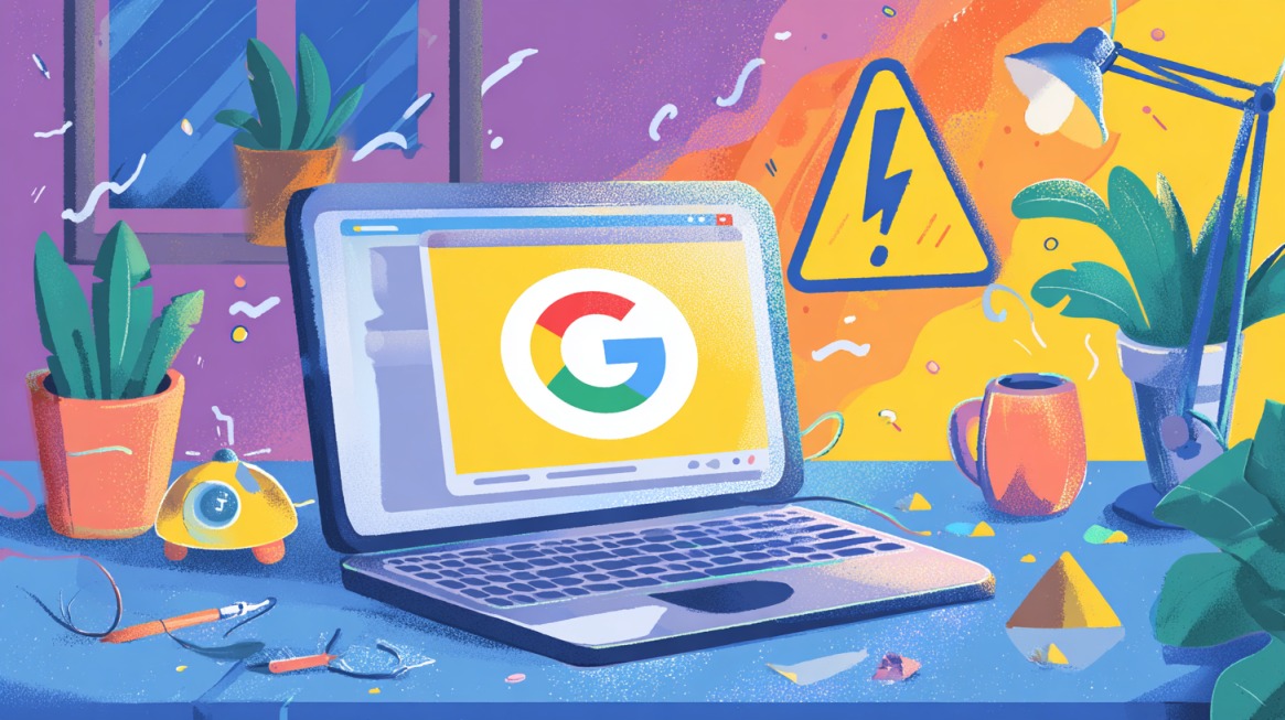 Ilustracija laptopa sa Google logotipom na ekranu, okruženog biljkama i znakom upozorenja, koji simbolizuje pažnju prilikom instaliranja Chrome ekstenzija
