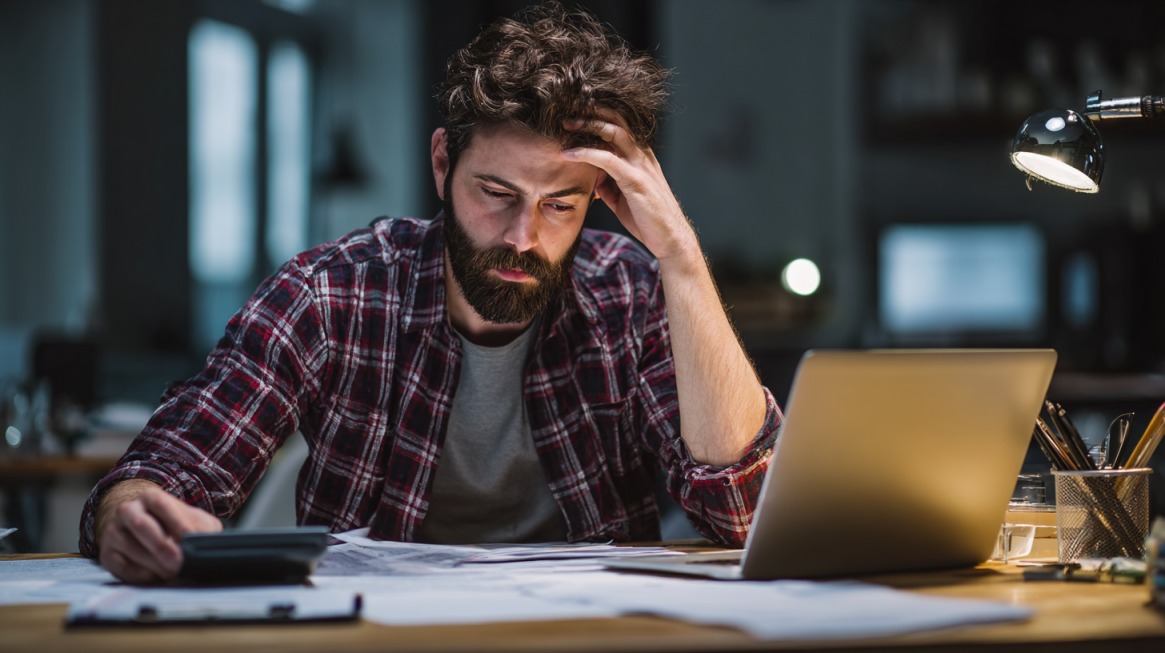 Muškarac sedi za stolom sa laptopom i kalkulatorom, zabrinut zbog finansija, simbolizujući izazove prilikom korišćenja aplikacija za upravljanje novcem