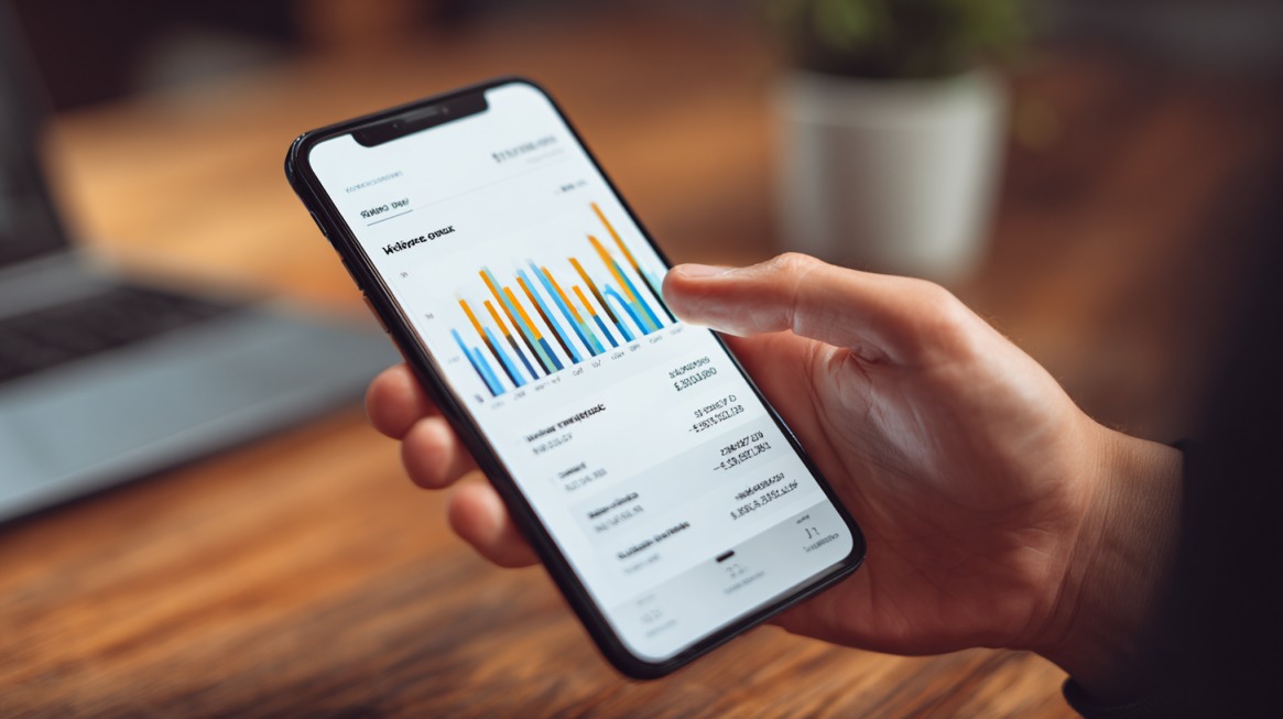 Osoba drži pametni telefon koji prikazuje grafikone i finansijske podatke, simbolizujući praćenje budžeta putem mobilnih aplikacija