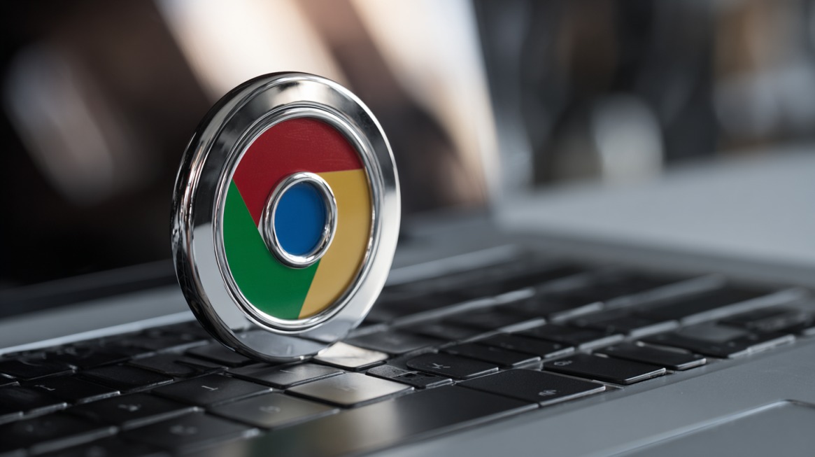 Fotografija Chrome logotipa postavljenog na tastaturu laptopa, simbolizujući preglednik i mogućnosti koje pružaju ekstenzije