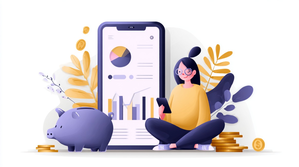 Ilustracija žene koja koristi mobilnu aplikaciju za upravljanje finansijama, sa velikim telefonom koji prikazuje grafikone i kasicom prasicom u prvom planu