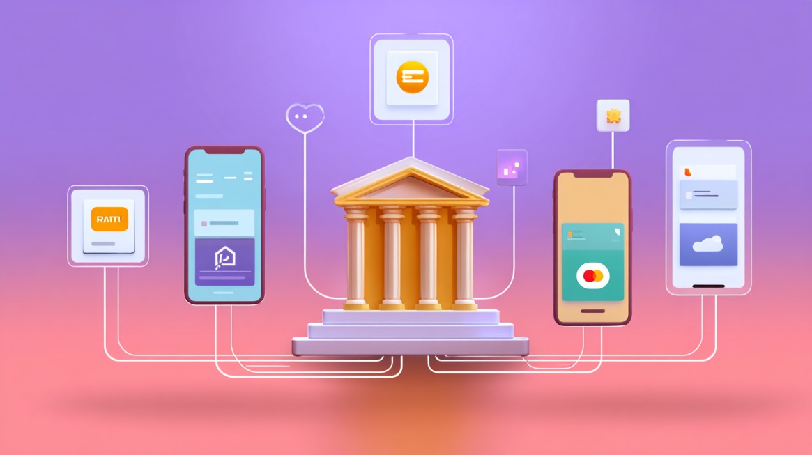 Ilustracija centralne zgrade banke povezane linijama sa više pametnih telefona i aplikacija, simbolizujući integraciju finansijskih servisa