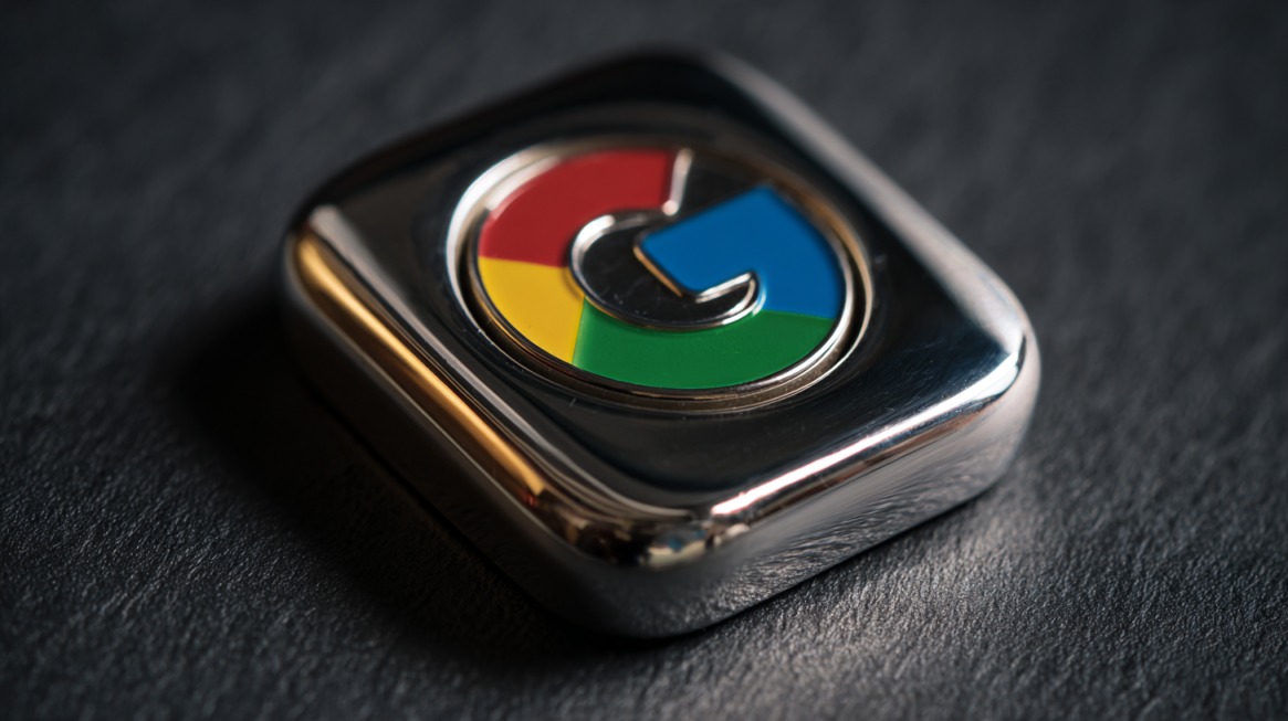 Metalni bedž sa Google logotipom na tamnoj površini, koji simbolizuje sigurnost i zaštitu podataka u Google Chrome pretraživaču