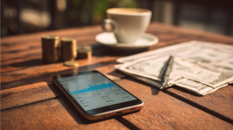 Pametni telefon sa grafikonima finansija na ekranu, pored šolje kafe, novina i kovanica na drvenom stolu, koji simbolizuju lično upravljanje novcem